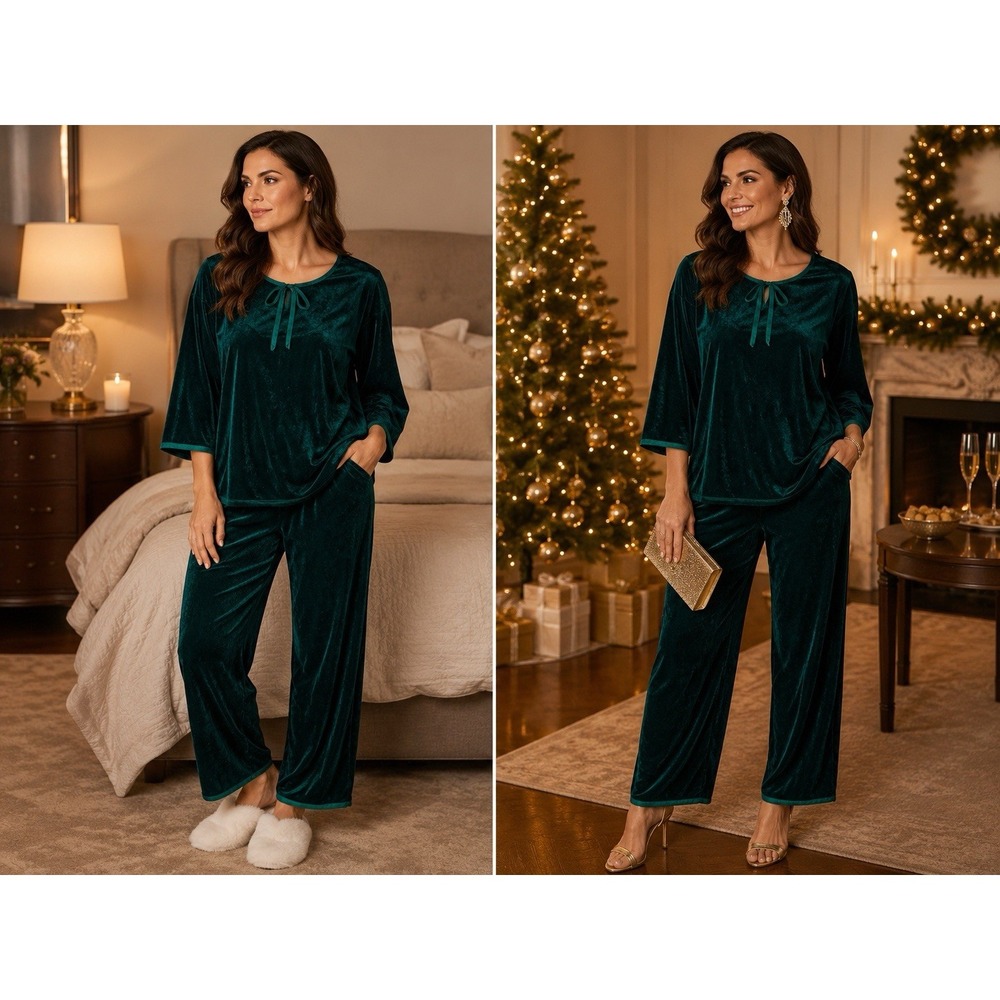 Oscar de la Renta Pink Label XL Emerald Velvet Pajama Set Holiday Party Lounge
